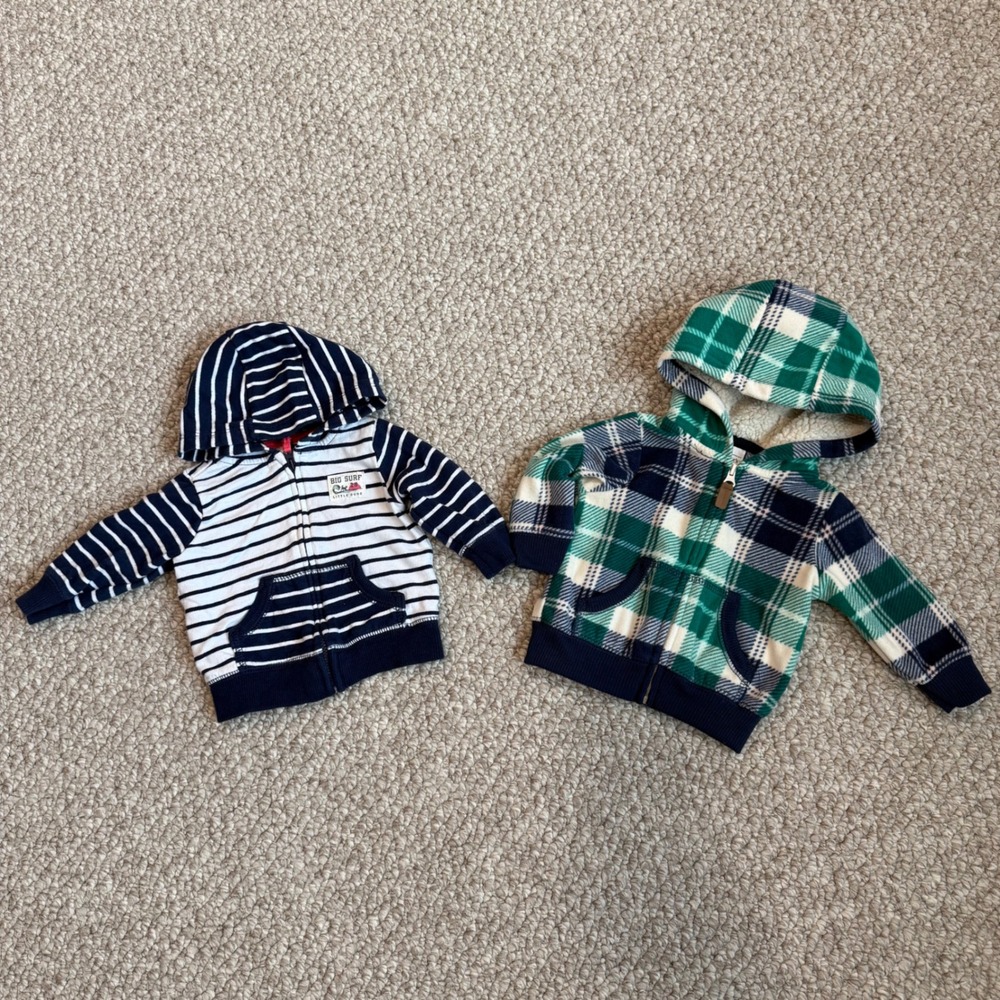 Carters Size 3 Month Baby Hoodies Stripes Plaid Bundle Zip Up Pockets Comfy